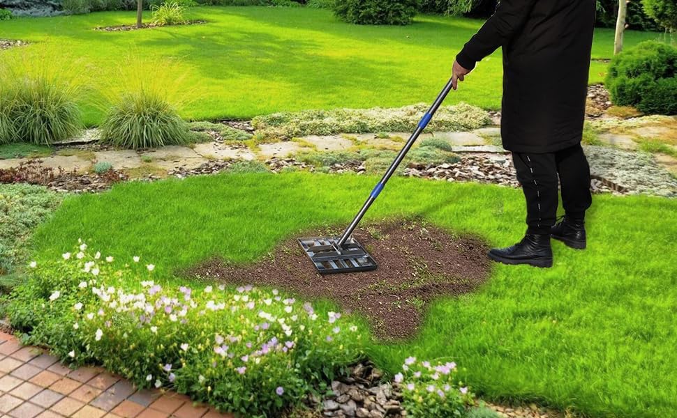 Miniatura 7 de Rastrillo nivelador de césped, nivelador de césped de acero inoxidable con placa de tierra de 18 x 10 pulgadas, mango largo ajustable de 72