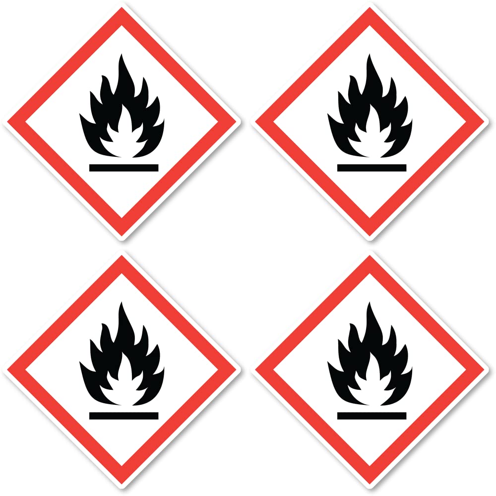 Flammable, Hazard Symbol: UN/GHS Hazard Pictogram - Sticker: 7.5 cm, Pack of 4, Red
