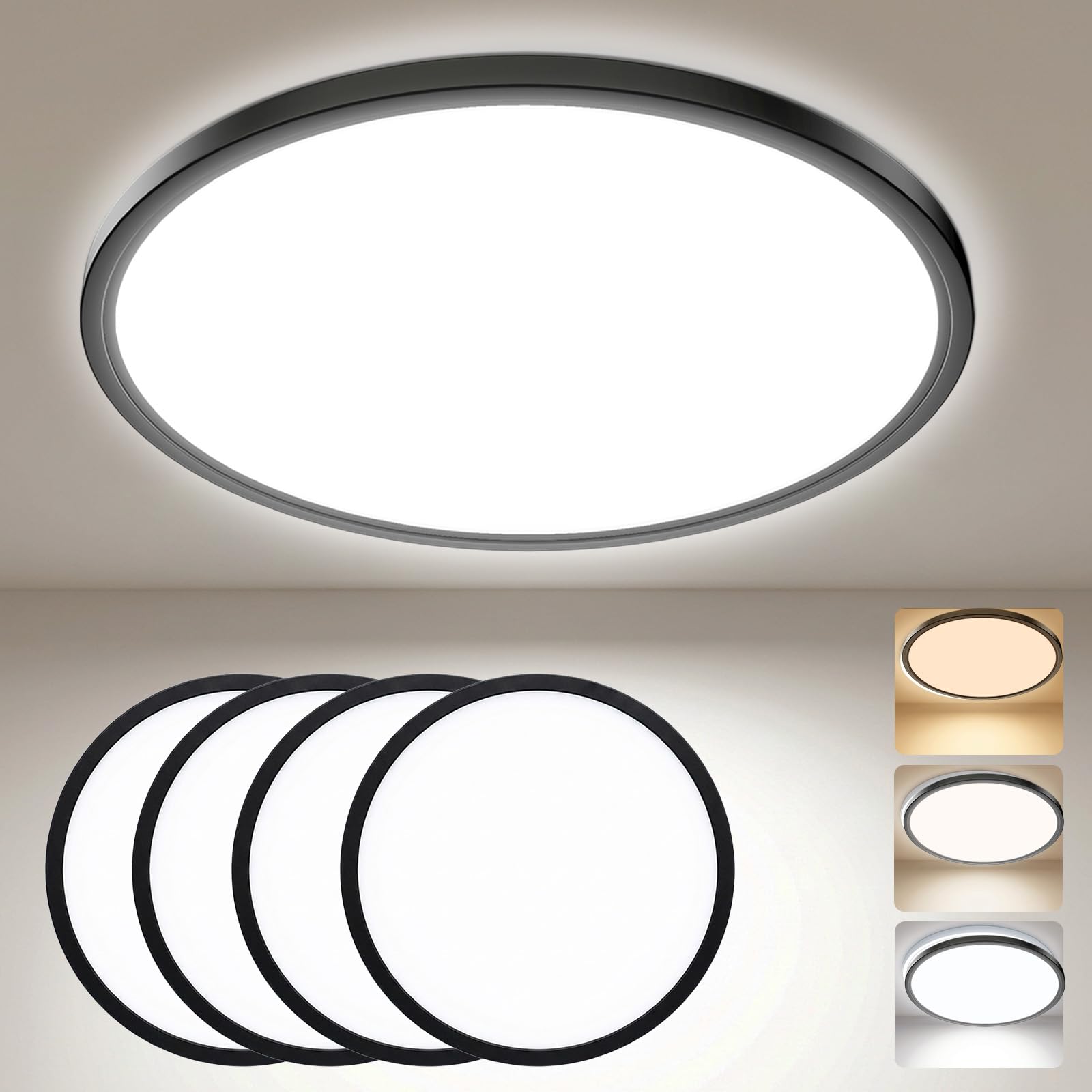 Yexati LED Deckenleuchte 36W 6000K/4000K/3000K, 3200LM IP54 Ultra Dünn Deckenlampe, Flach Rund Modern Badezimmer Lampe Schwarz Küchenlampe für Flur Schlafzimmer Balkon Wohnzimmer Küche Keller Ø40CM