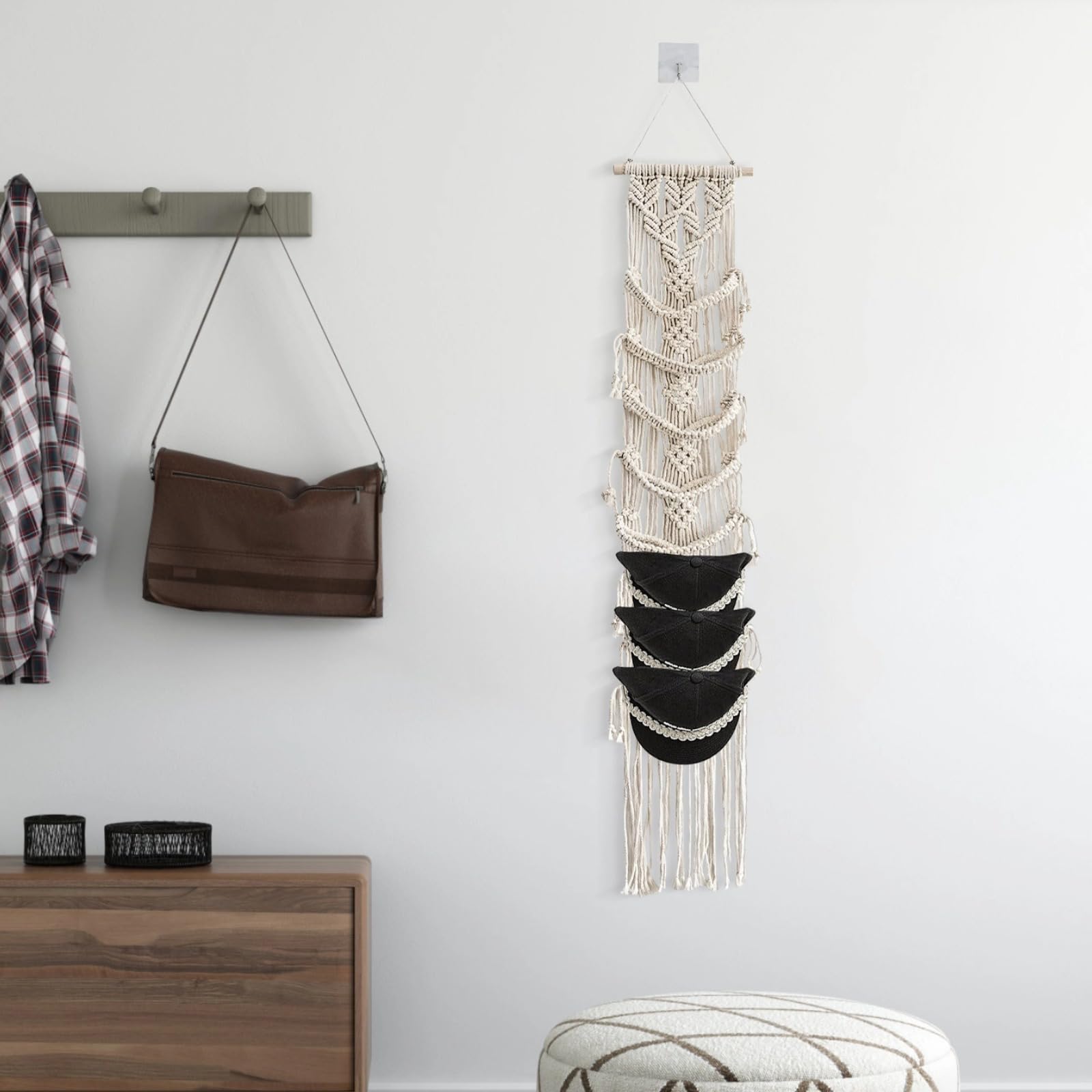 Juego de 2 soportes para sombreros de macramé, soporte para gorras de béisbol montado en la pared, almacenamiento de algodón bohemio