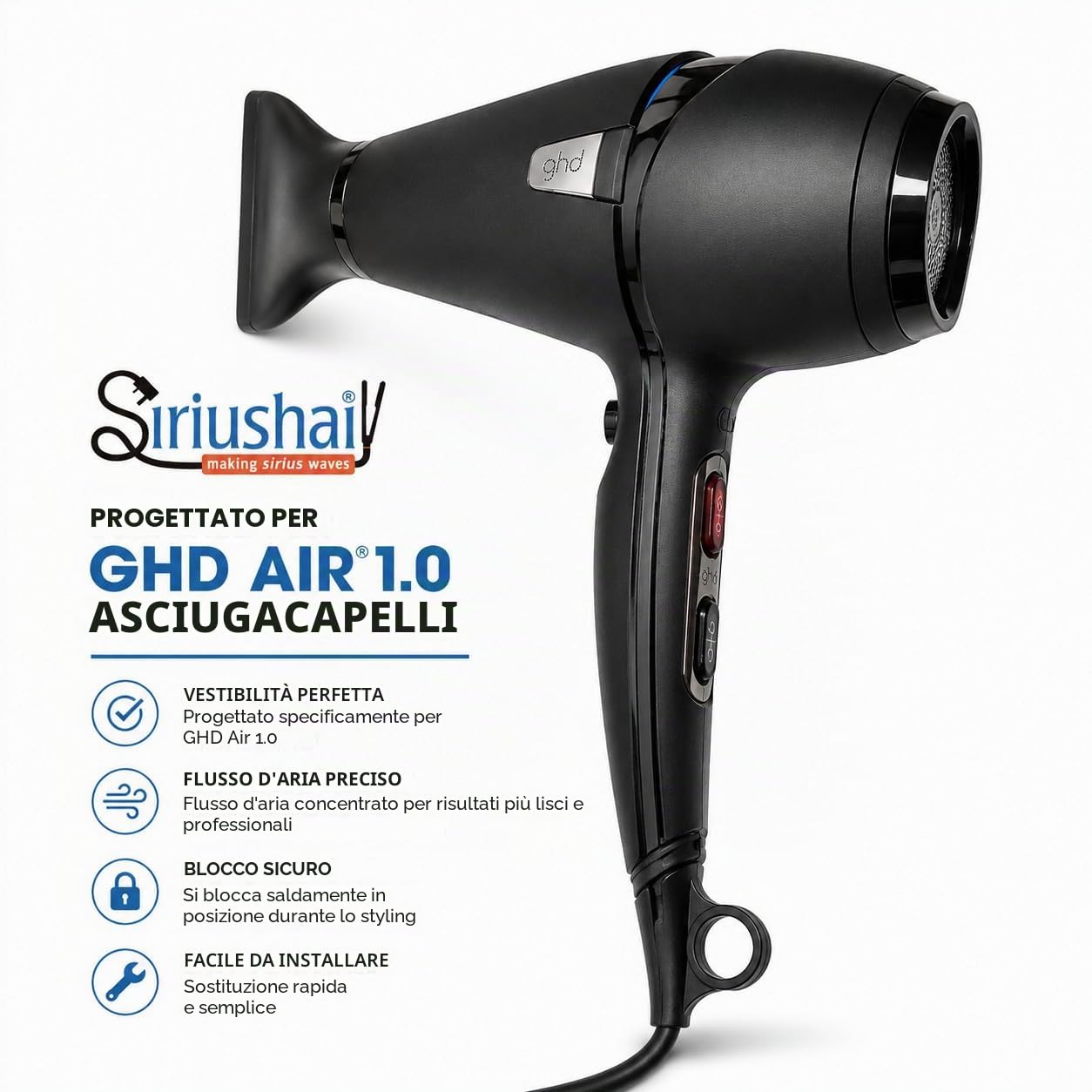 Accessorio per lo styling dell'ugello concentratore per asciugacapelli, compatibile solo con asciugacapelli GHD Air 1.0, nero
