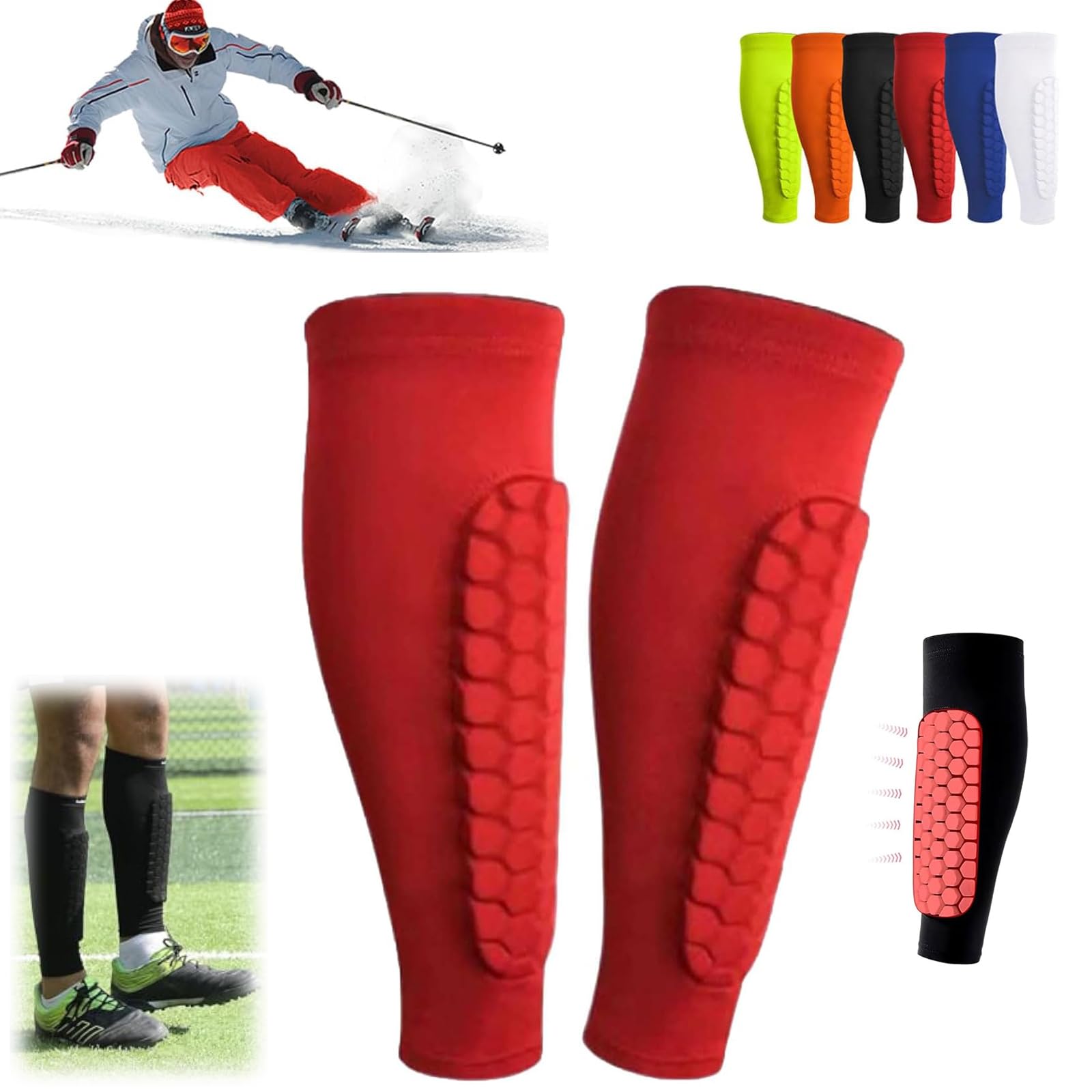 Ski Shin Guards, Football Shin Pads, Ski Shin Protection with Honeycomb Pads, Long Breathable Elastic Ski Shin Pads, Ski Shin Pads, and Ski Guard Socks, Lightweight (Red, L)