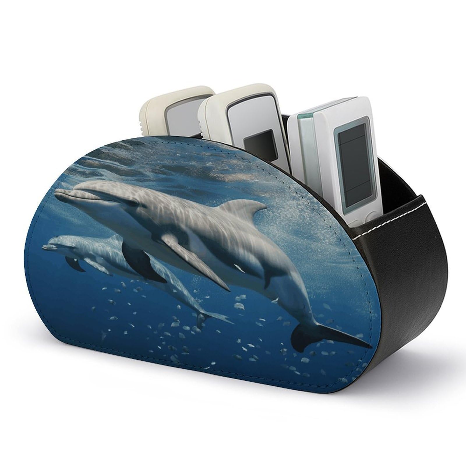 VstaDank Cute Dolphins Remote Control Holder with 5 Compartments Pu Leather TV Remote Caddy Storage Box Desktop Organizer Store Controller DVD Brush Pens Glasses&Office Supplies