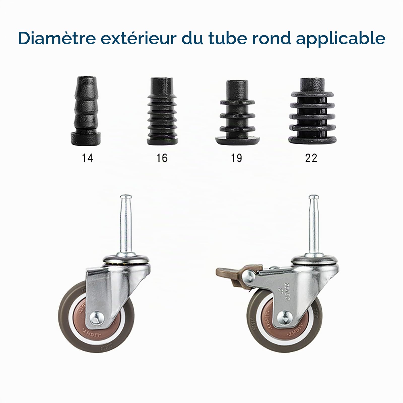 roulettes pivotantes silencieuses de 1,5" avec Frein, adaptées au diamètre du Tube (14/16/19/22 mm, en Option), Roulette de Remplacement, roulettes de Meubles pour Chariot, Berceau, étagères