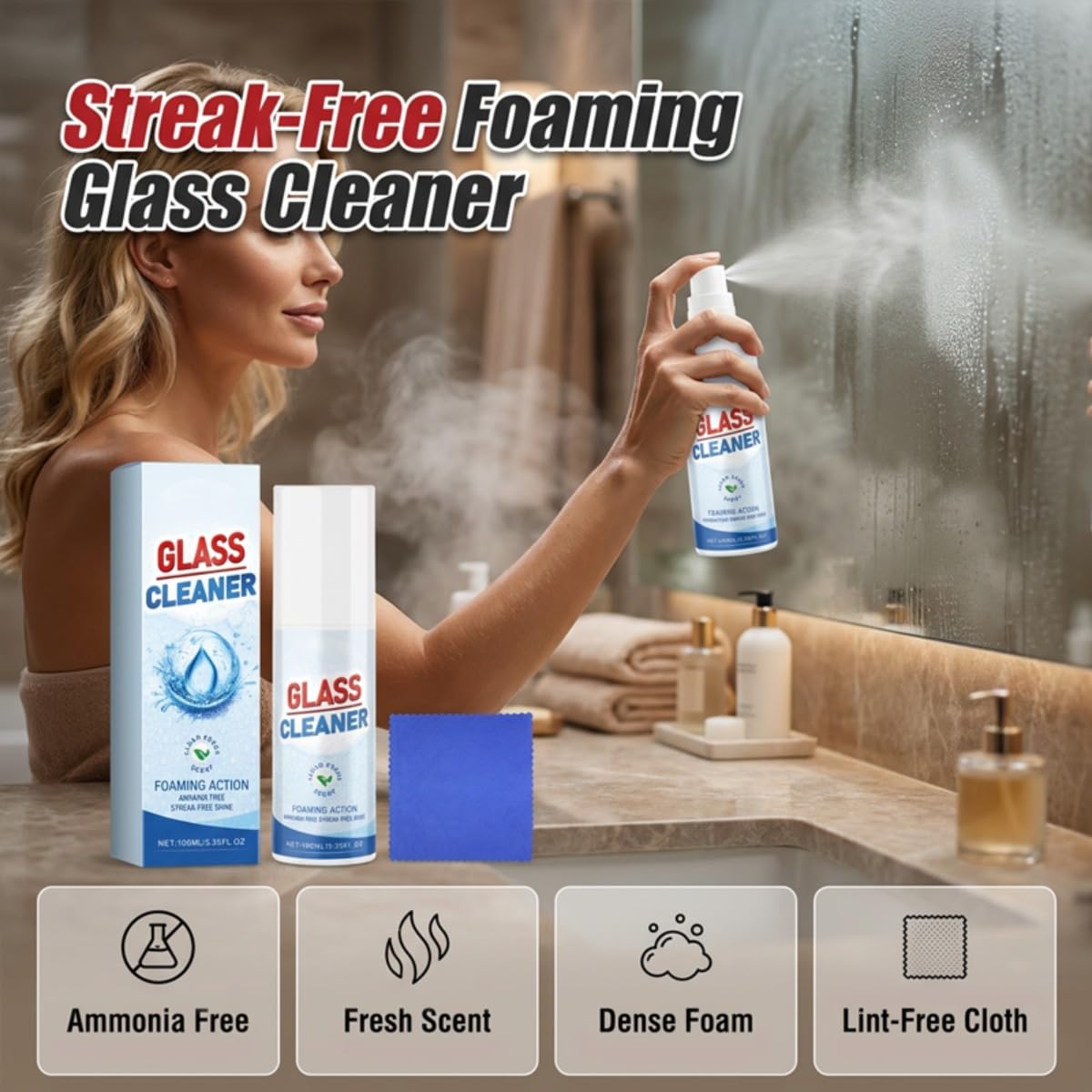 Schäumender Glasreiniger für streifenfreien Glanz – Ammoniakfreier Fensterreiniger inkl. Mikrofasertuch – Schnell wirkendes Schaumspray für Spiegel, Fenster, 100 ml (3Pcs)