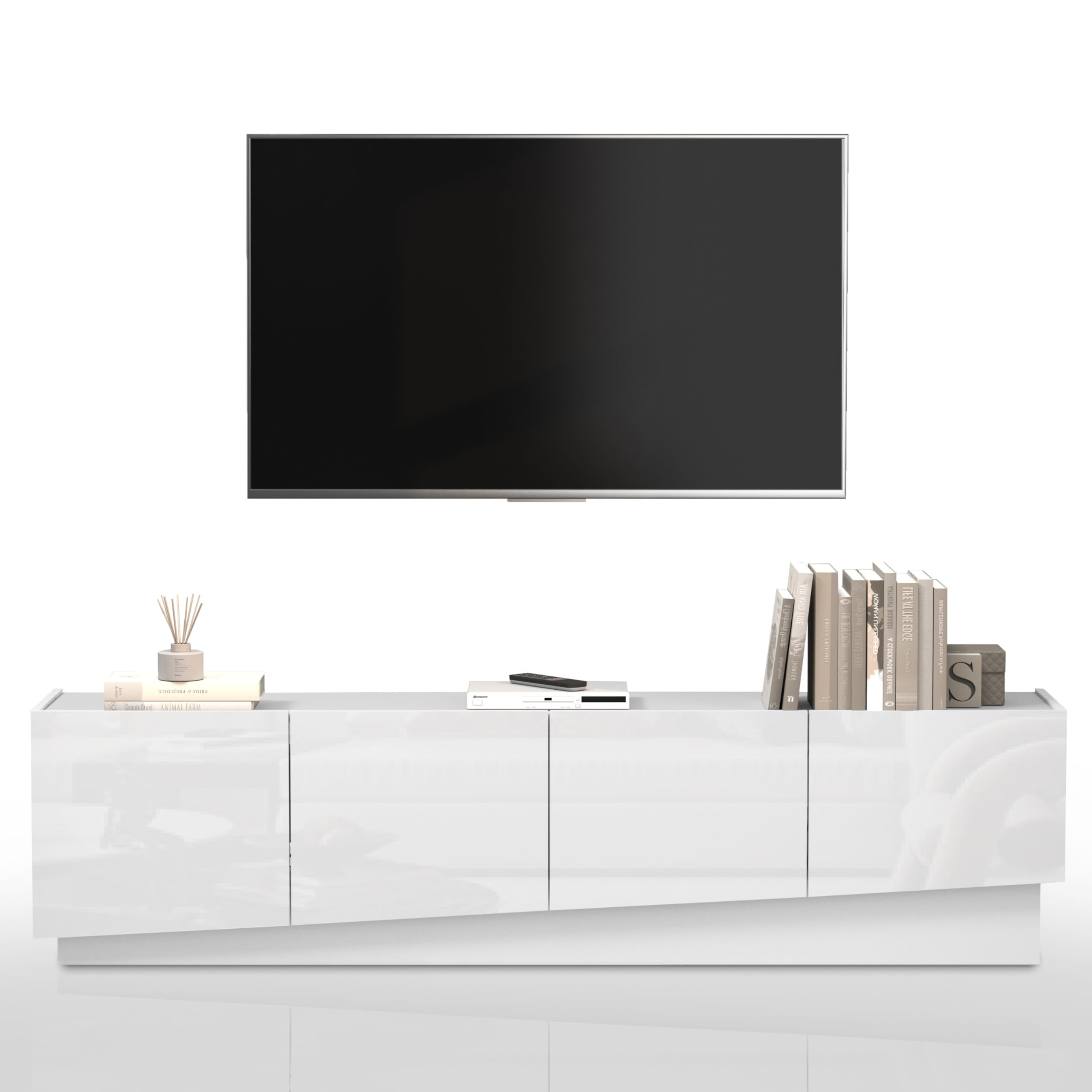 WHOUS Mobile Porta TV VELA per Soggiorno con 4 Ante e 2 Vani Interni, Mobile Tv per Salotto in Legno, 180x35x45,4 cm, Bianco Lucido