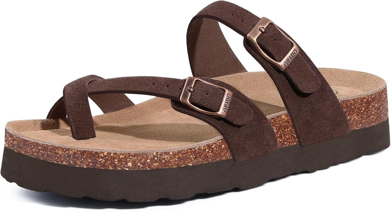 ORADOWomen's Suede Platform Sandals Cork Footbed Adjustable Comfortable Support Summer Slides