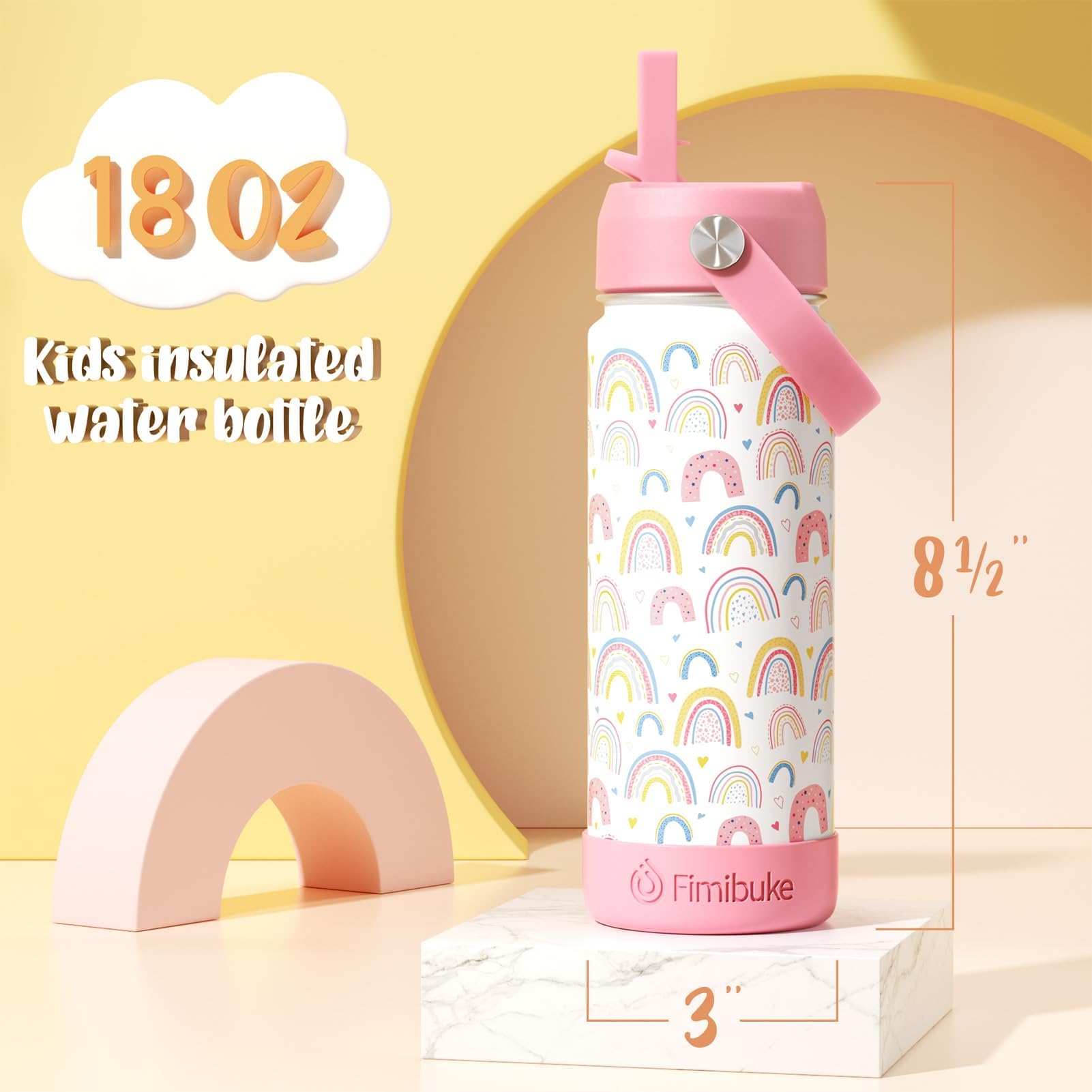 Fimibuke Isolierte Kinder-Wasserflasche, 530 ml, BPA-frei, Kinderbecher mit Strohhalm, doppelwandiger Vakuumbecher, 18/8 Edelstahl, auslaufsicher, Kleinkind-Wasserflasche für Schule, Jungen, Mädchen,