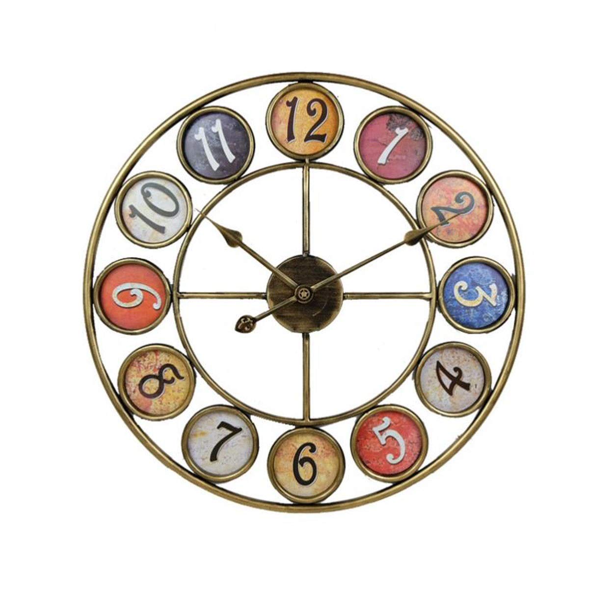 KRXSOBNV wall clock, Wall Clock 24 Inch Retro Pastoral Wrought Iron Metal Mute Large Number Decorative(Brass)