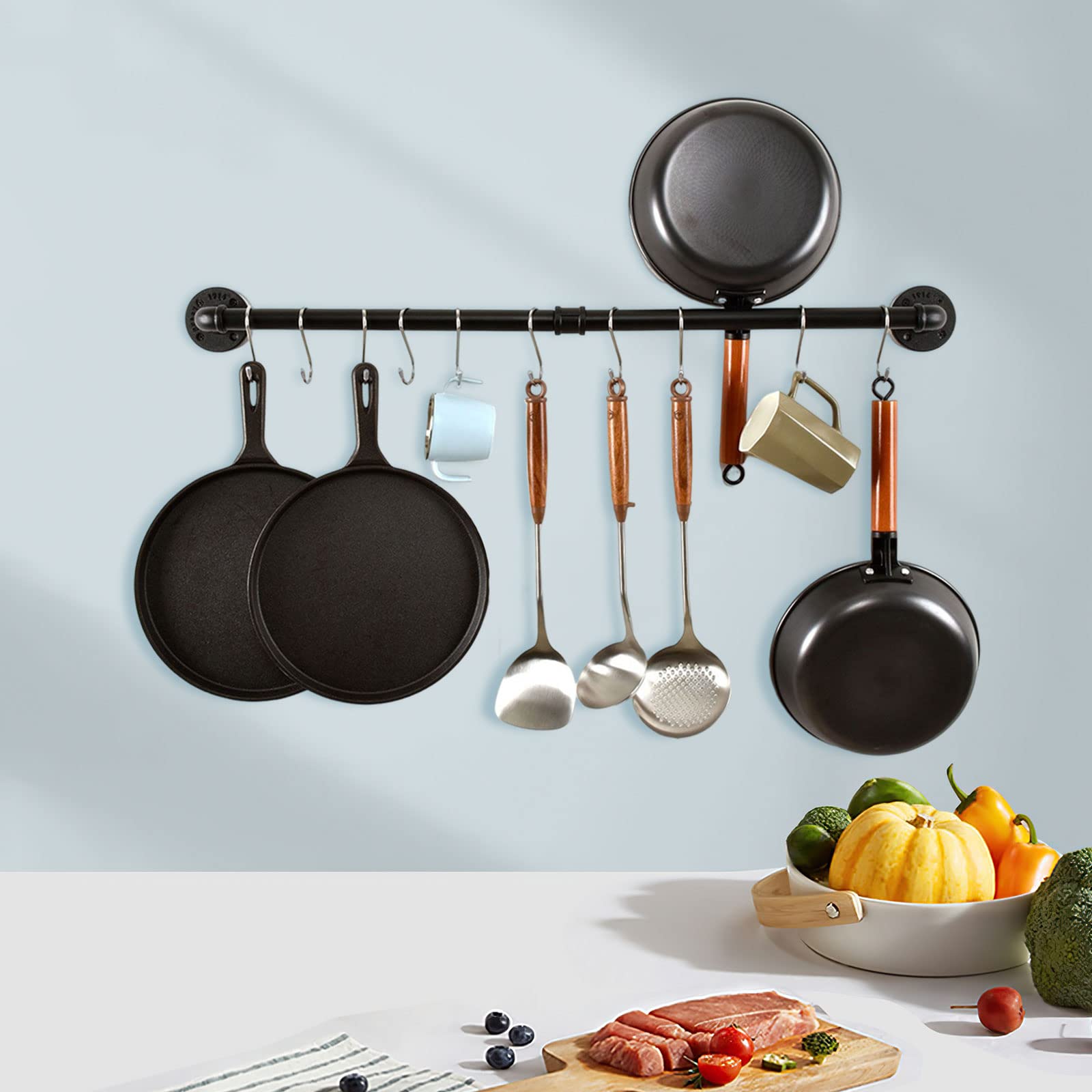 Pijppot Wandmontage 91,4 Cm Zwart Grijs - Industrieel Pannenrek Met S-Haken, Keuken Organizer