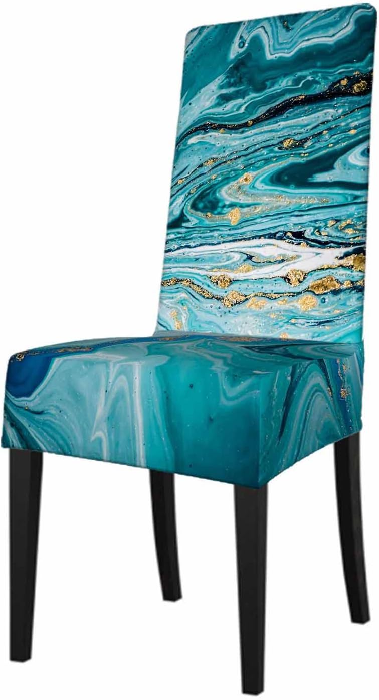 1 Pack Beautiful Natural Marble Wave Dining Room Chair Covers Decay Blue Liquid Fluid Curve Short Stretchable Polyester Removable Washable for home Restaurant Banquet