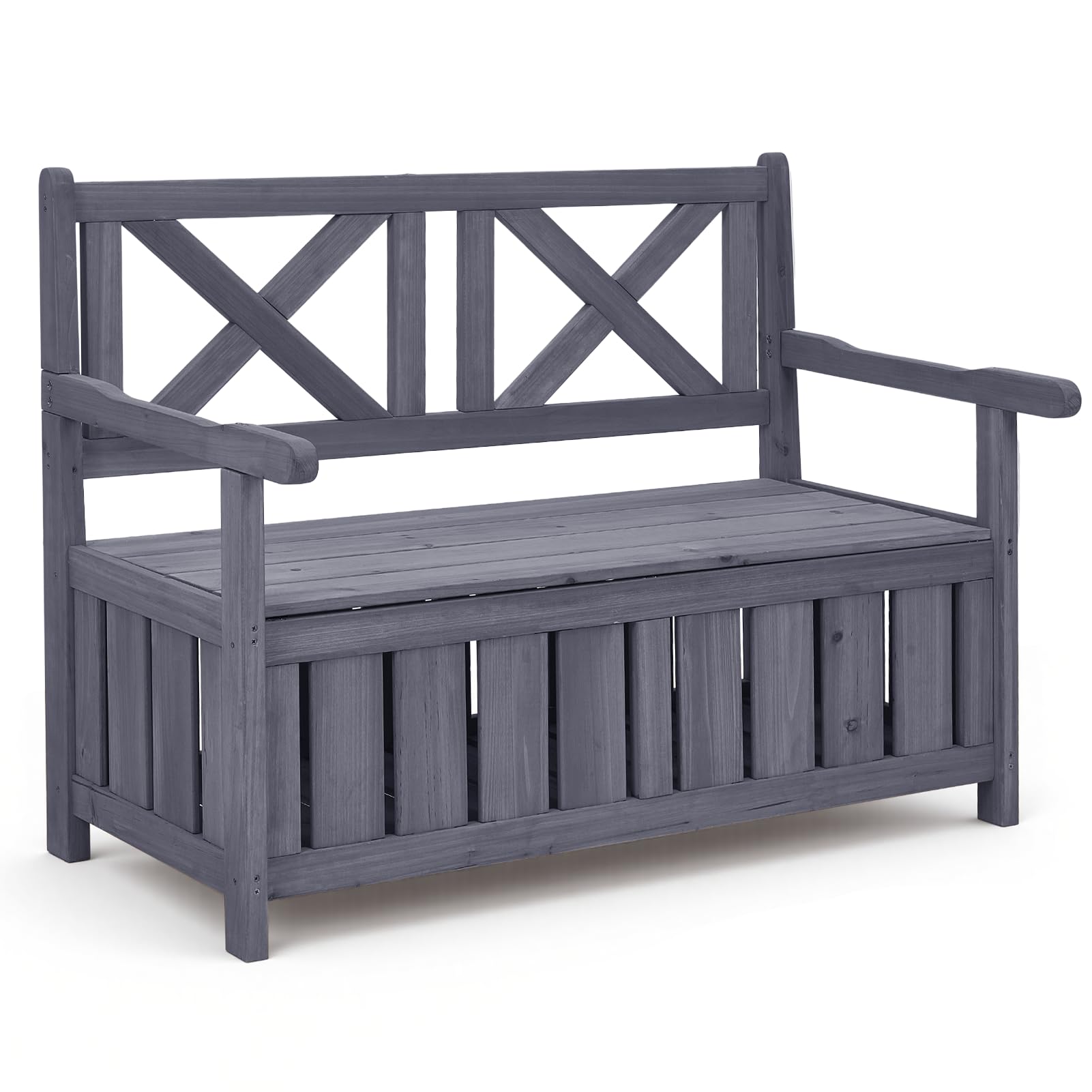 Warmiehomy Garden Storage Bench 2 Seater Garden Bench with Storage Box 125L Wooden Outdoor Benches with Backrest Armrest for Patio, Balcony, Backyard,Grey