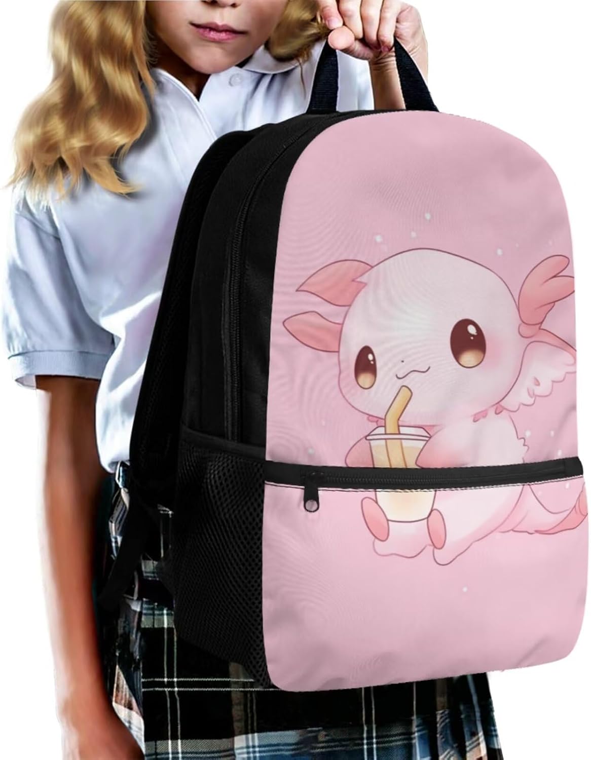 Pink Axolotl Backpack for Girls Bubble Tea Bookbag with Lunch Bag Pencil Case Wristlet Keychain Lightweight Backpack for Elementary Middle School Students Trendy School Bag