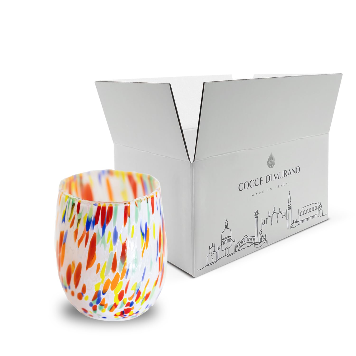 Gocce di Murano 6 Bicchieri Acqua Lavorati Secondo la Tradizione degli Artigiani di Murano, Bicchiere Soffiato e Lavorato a Mano 300 ml - Bicchieri Acqua Vetro Arcobaleno Pioggia