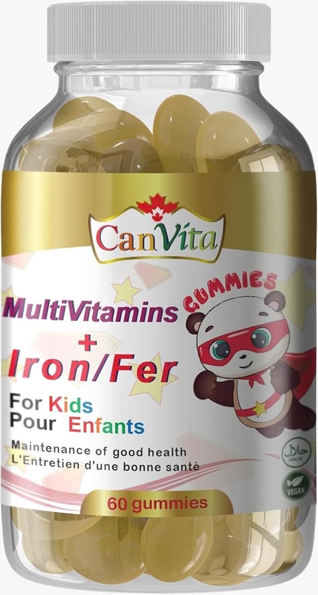 CANVITA Kids Multivitamin Gummy 60 Vegan and Halal Gummies with Iron Made in Canada First Day Vitamins Immune Booster for Kids Vitamine Enfant Vitamin D, Vitamin B, Vitamin C, Vitamin A, Biotin