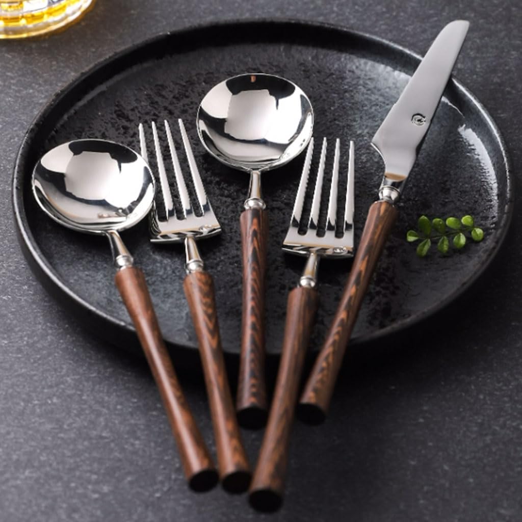 Exquisito Juego de Cubiertos de Acero Inoxidable con Mango de Madera, Utensilios de Cocina Retro, Cuchillo, Tenedor y Cuchara, Juego de Cubiertos Reutilizables para el hogar Práctico