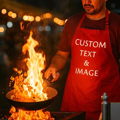 Miniatura 4 de LeWall Delantal personalizado  Logotipo de nombre personalizado para cocinar hornear y manualidades  Cuello ajustable, bolsillos delanteros, algodón