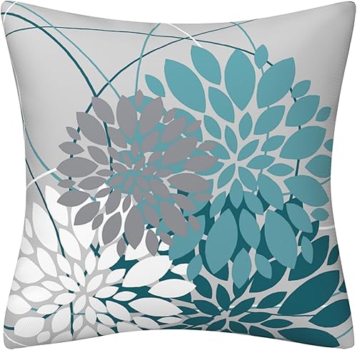 Miniatura 3 de Juego de 2 fundas de almohada de dalia verde azulado de 18 x 18 pulgadas, para primavera y verano, color gris, turquesa, geométrica, línea floral,