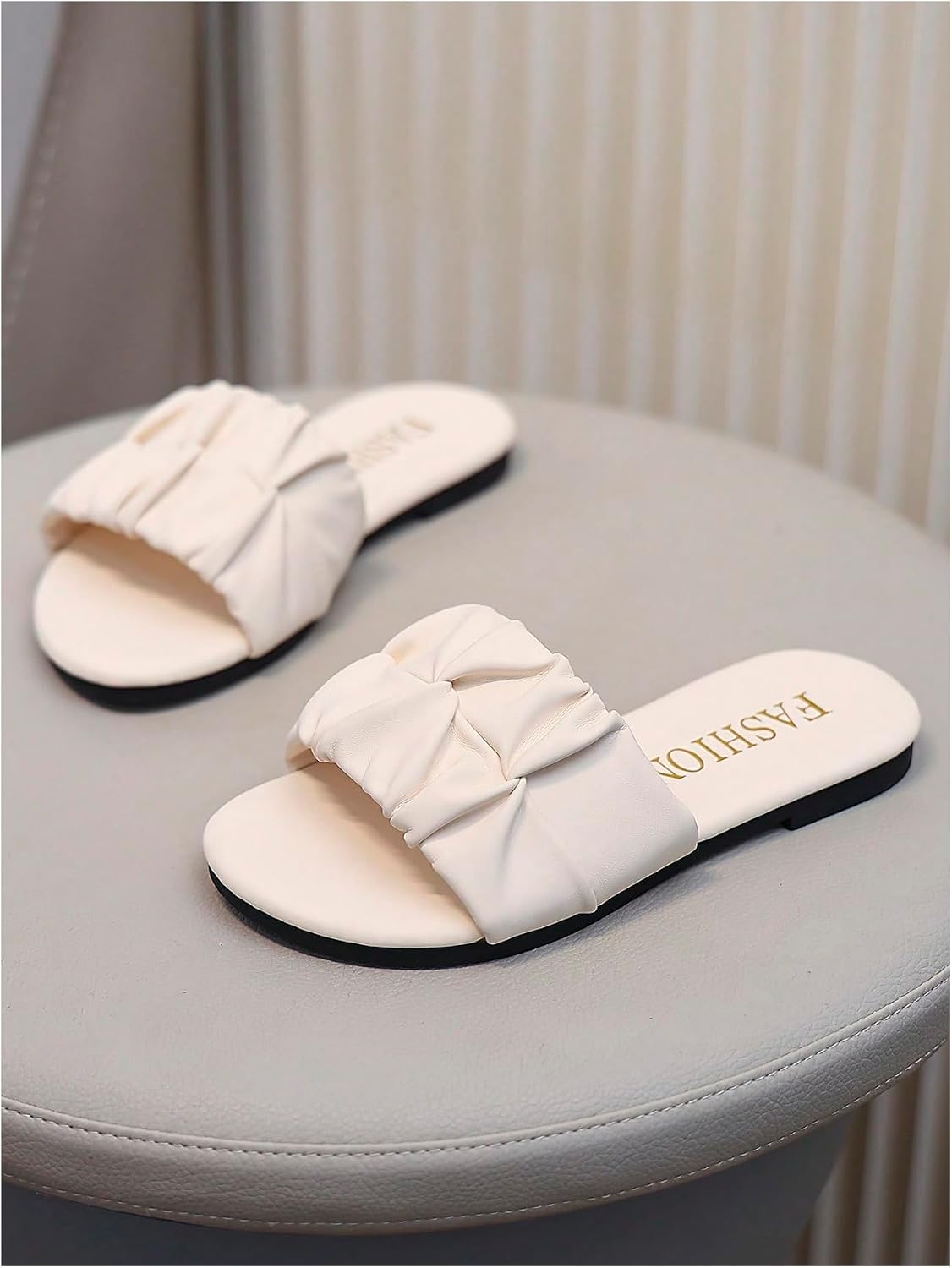 GORGLITTER Girl's Ruched Sandals PU Leather Single Band Cute Flats Beach Vacation Princess Shoes Trendy