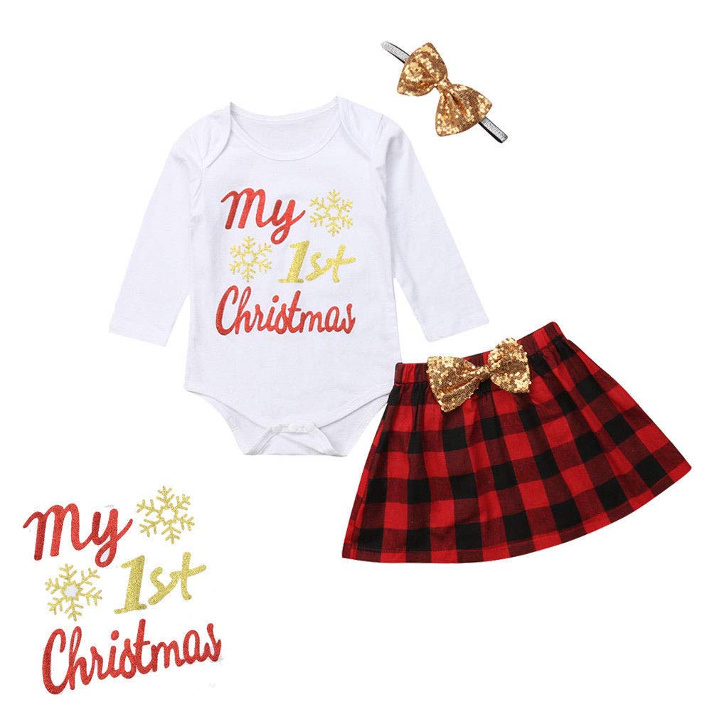 Newborn Infant Baby Girl My First Christmas Clothes Long Sleeve Romper Tulle Tutu Skirt Headband 3Pcs Outfit Set Red