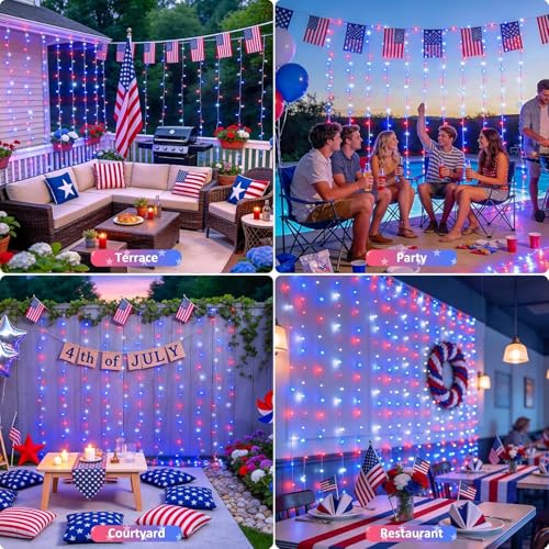 Image of JMEXSUSS 300LED Red White & Blue Curtain Lights for 4th of July, 9.8x9.8ft | Plug in, with Remote, Patriots Hanging String Lights for Bedroom, Wall, Window, Backdrop, Patio, Porch, Indoor, Outdoor Decor