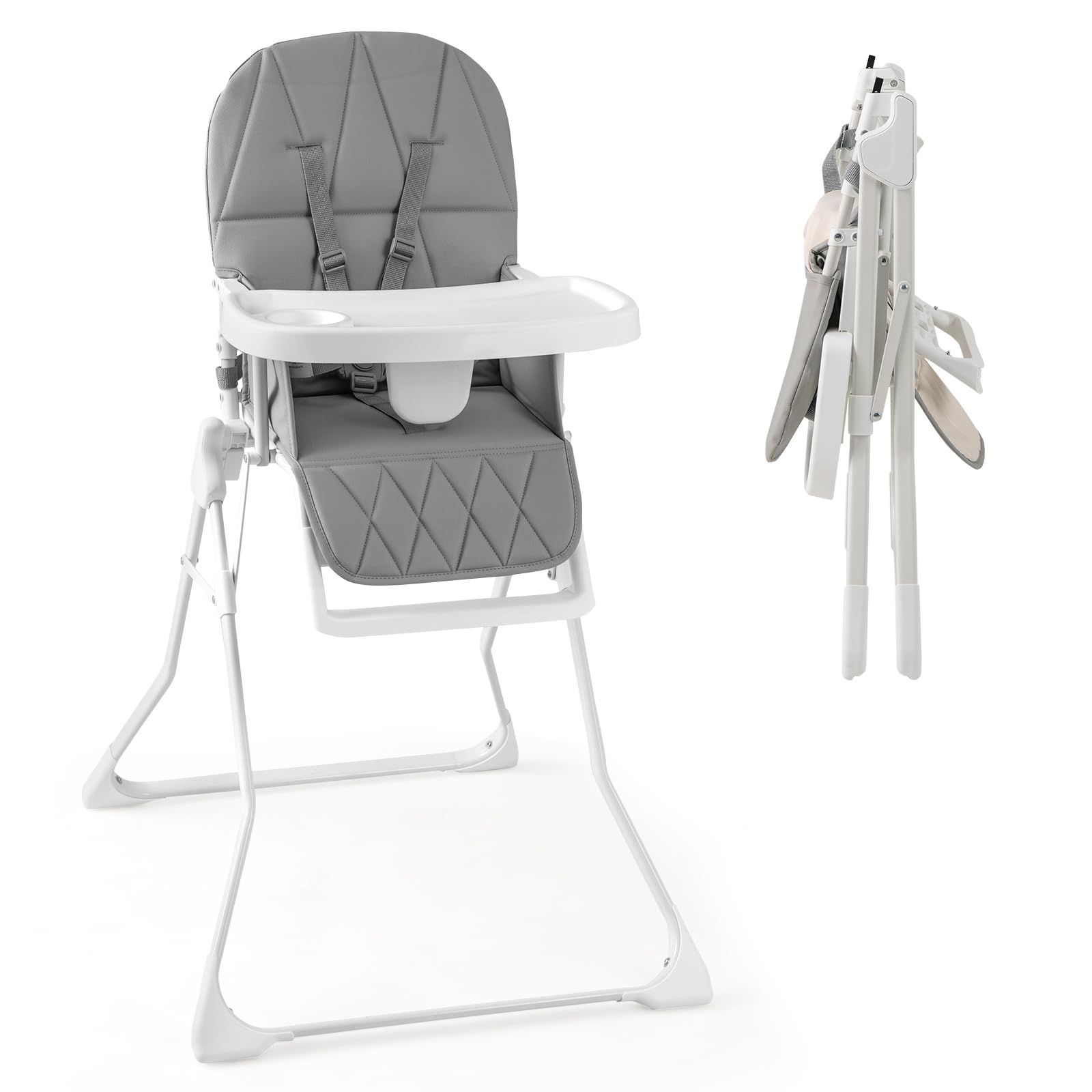 HONEY JOY High Chair, Foldable Baby Feeding Chair, Adjustable Tray & Footrest, Removable Easy-to-Clean PU Seat Cushion, 5-Point Harness, Cup Holder, Highchairs for Babies and Toddlers (Gray)