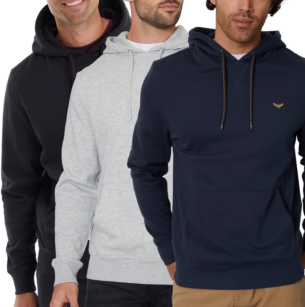 Threadbare 'Calamansi' Men's Hooded Sweater Pullover Fleece Sweat (Pack of 3), Black, Grey, Navy, M