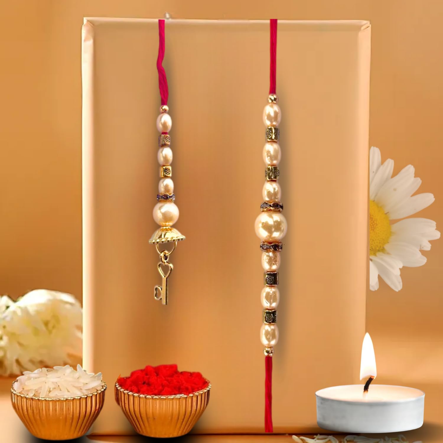 DRYPHON Golden Pearl Rakhi for Brother and Bhabhi | Heart Key Shape Lumba Rakhi for Bhabhi & Rakhi Set for Bhai with Roli Chawal Tilak Set and Tealight Candle | Rakhi Set for Bhaiya Bhabhi (LMB-01)-image-18
