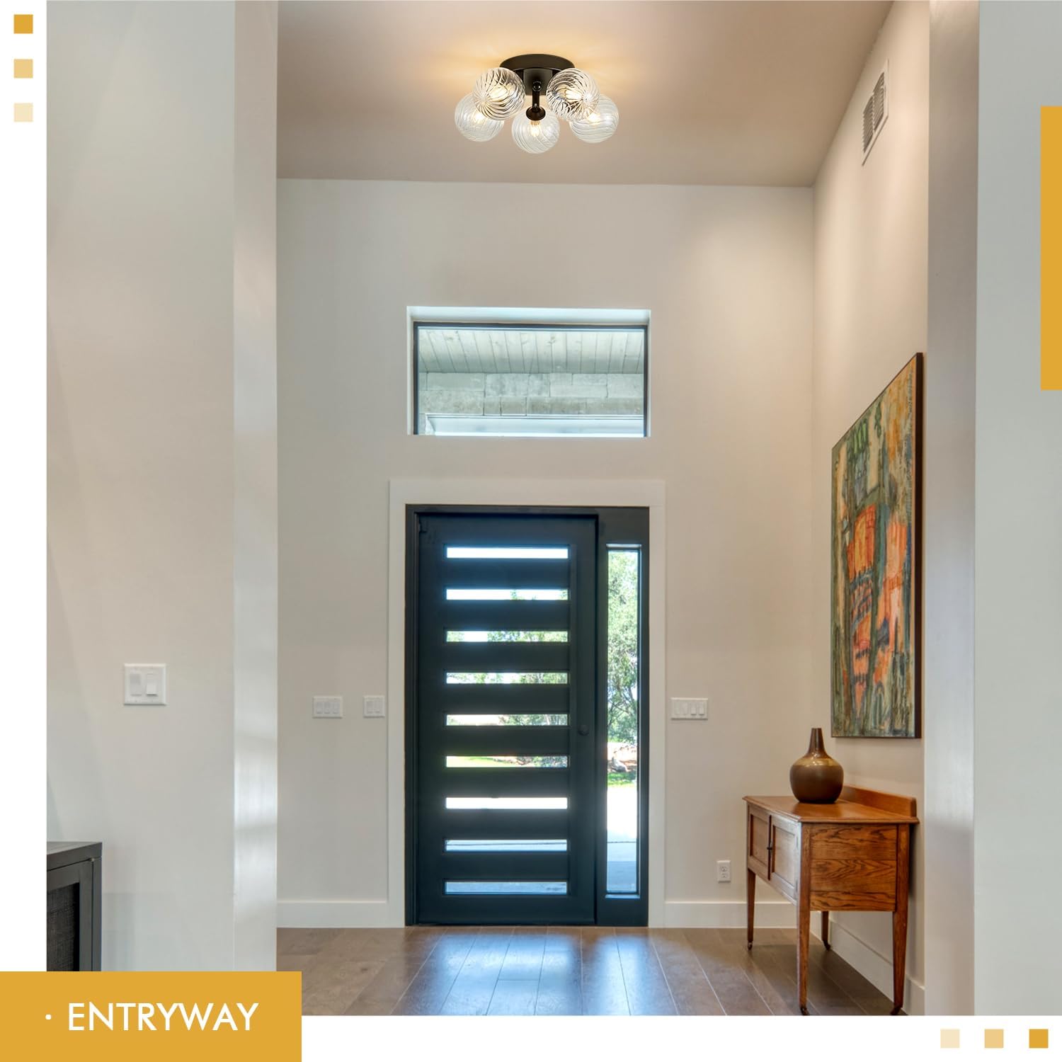 5 Lights Semi Flush Mount Ceiling Bubble Light Fixture Dia 12.6" Black Close to Ceiling Light Modern Swirled Clear Ribbed Blown Glass Ball Chandelier for Hallway Entryway Kitchen Dining Room