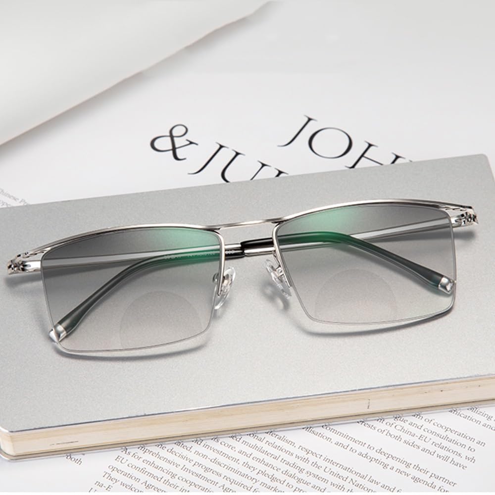 SFIVE Photochrome Lesebrille Progressive Multifocus Sonnenbrille Für Männer Metallrahmen Presbyopie Brille UV-Schutz 1.0-3.0 (Color : Black Silver, Size : +2.0)