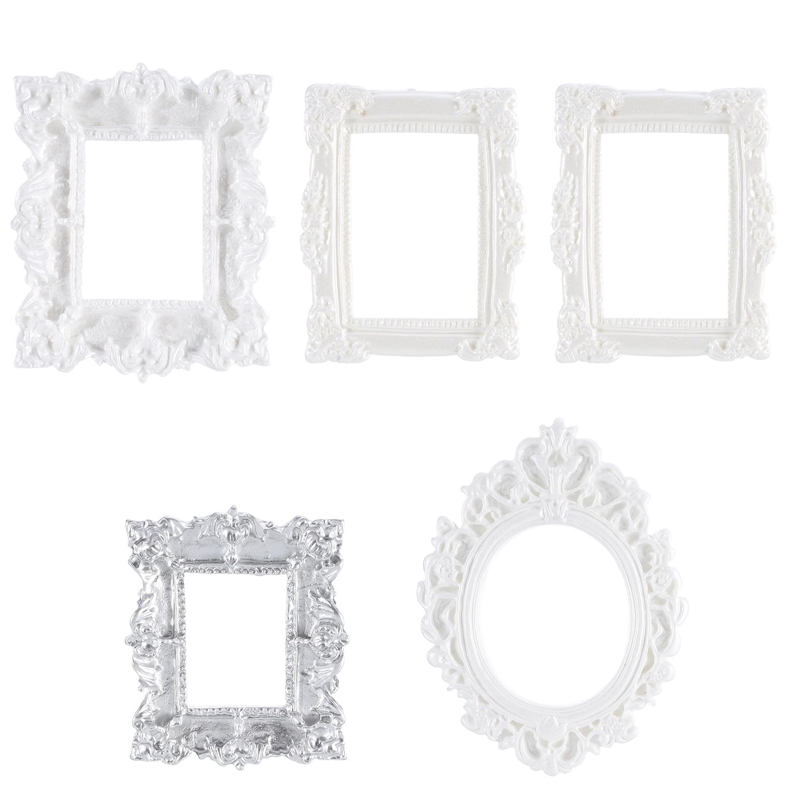 5 Pcs Miniature Picture Frames Vintage Photo Frames with Carved Silver Edges for Wall Hanging Desktop Display Jewelry Showcase Miniature Props for Model Train Garden