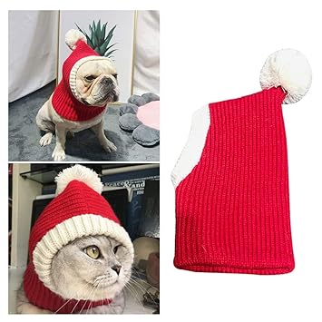 POPETPOP Christmas Dog Hat - Funny Crocheted Snood Dog Hat Red Warm Winter Dog Hat Knit Snood Headwear Cat Hat Neck Ear Warmer Headband Protector- S