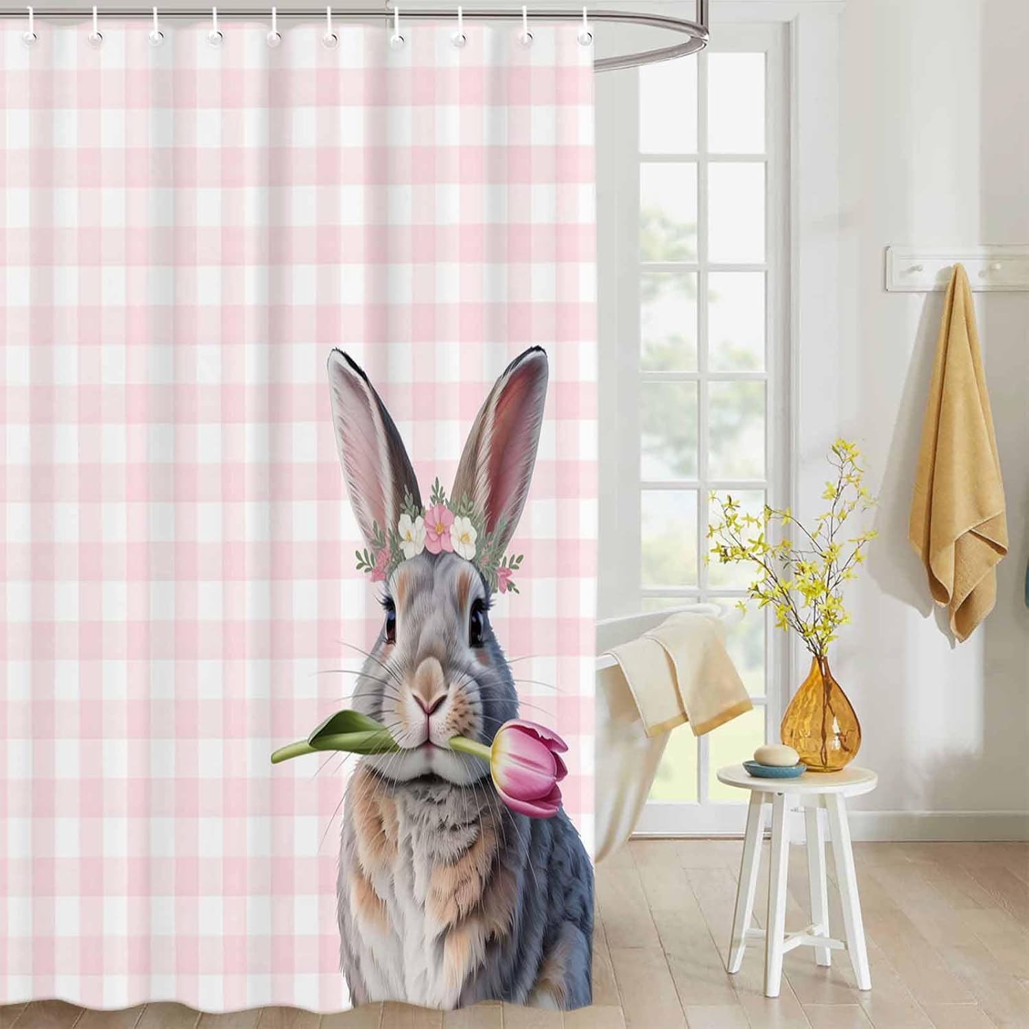 Easter Buffalo Check Pink Shower Curtain Set with Hook 72" x 72",Washable Cloth Polyester Fabric Shower+Curtain,Waterproof Bath Curtains for Bathroom,Showers,Bathtubs Easter Bunny Plaid Tulip Floral