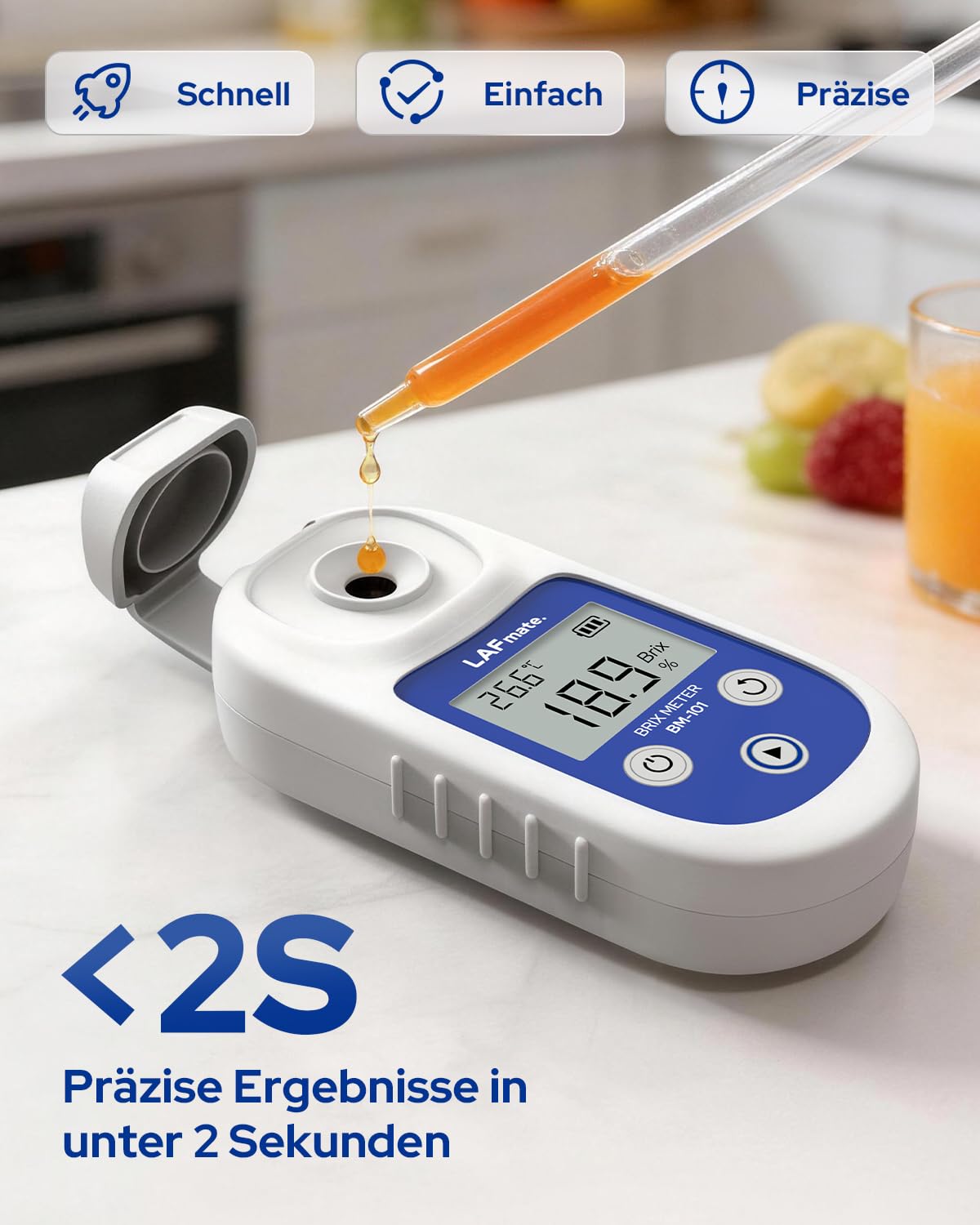 Digitales Refraktometer 0-55% ±0,2%, BM101 Brix Refraktometer mit ATC, IP65 Refraktometer Brix für Saft, Weinherstellung & Kaffee