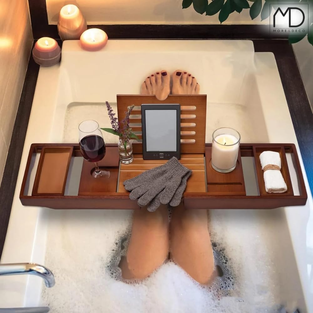 ZOLTA Badewannenablage - Badewannenbrett mit Tablet- oder Buchhalterung - Badewannentablett mit Halterung für Weingläser & Becher - Home Wellness - Badewannenablage aus Bambus Holz - 75-110 x 23 cm