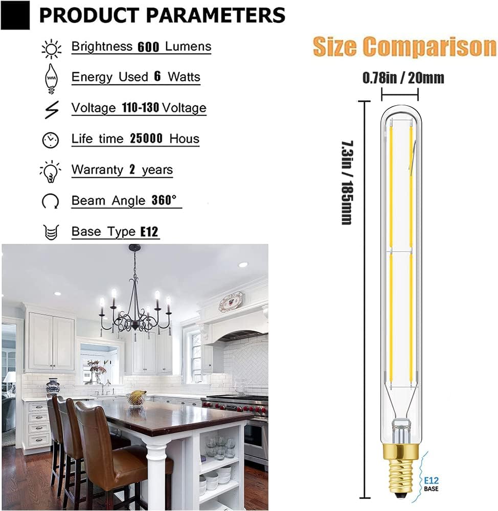 Leools E12 LED Bulb Dimmable 6W Equal 60-75 watt Light Bulb,7.3 Inch Long Led Tubular Light Bulbs,4000K Daylight AC120V 750LM T6 E12 Candelabra Bulb 60 watt for Chandeliers.6Pack