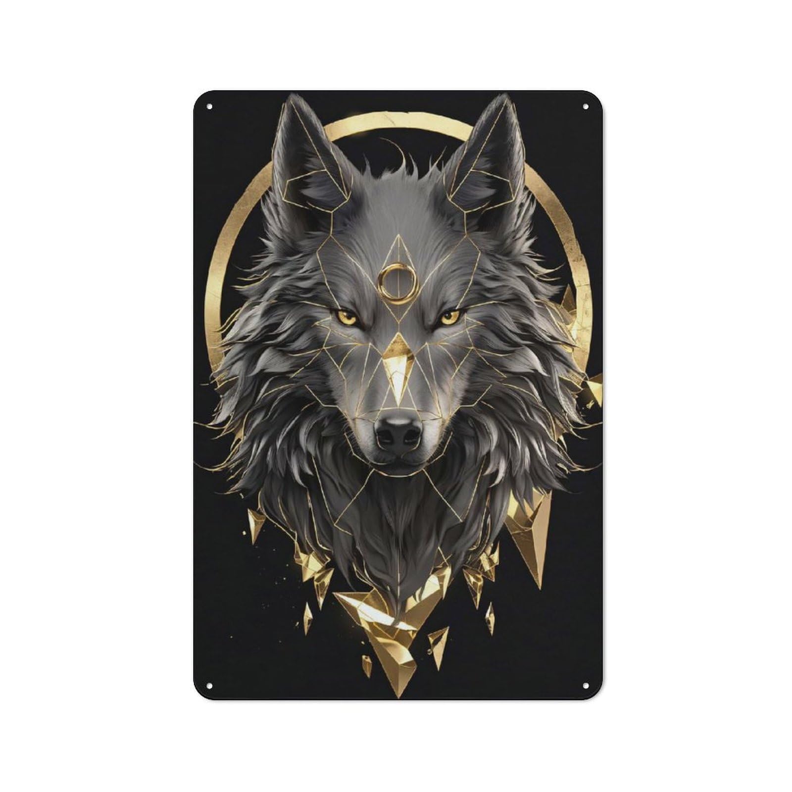 Workshop Style Geometric Wolf with Gold Accents Tin Sign 30x20cm, Garage Wall Decor for Tool Room, Garage, Studio Or Home Bar