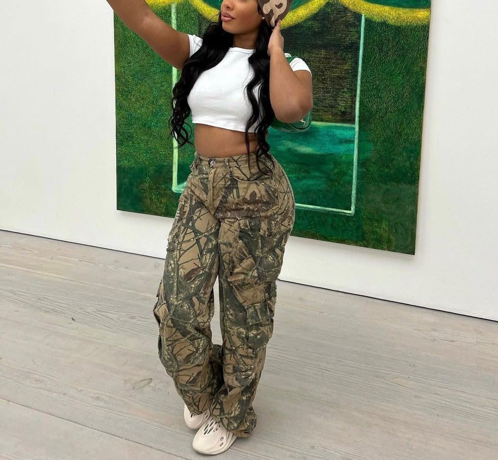 Women's Camo Cargo Pants High Waisted Army Pants Camouflage Active Jogger Pocket Sweatpants Casual Athletic Pants