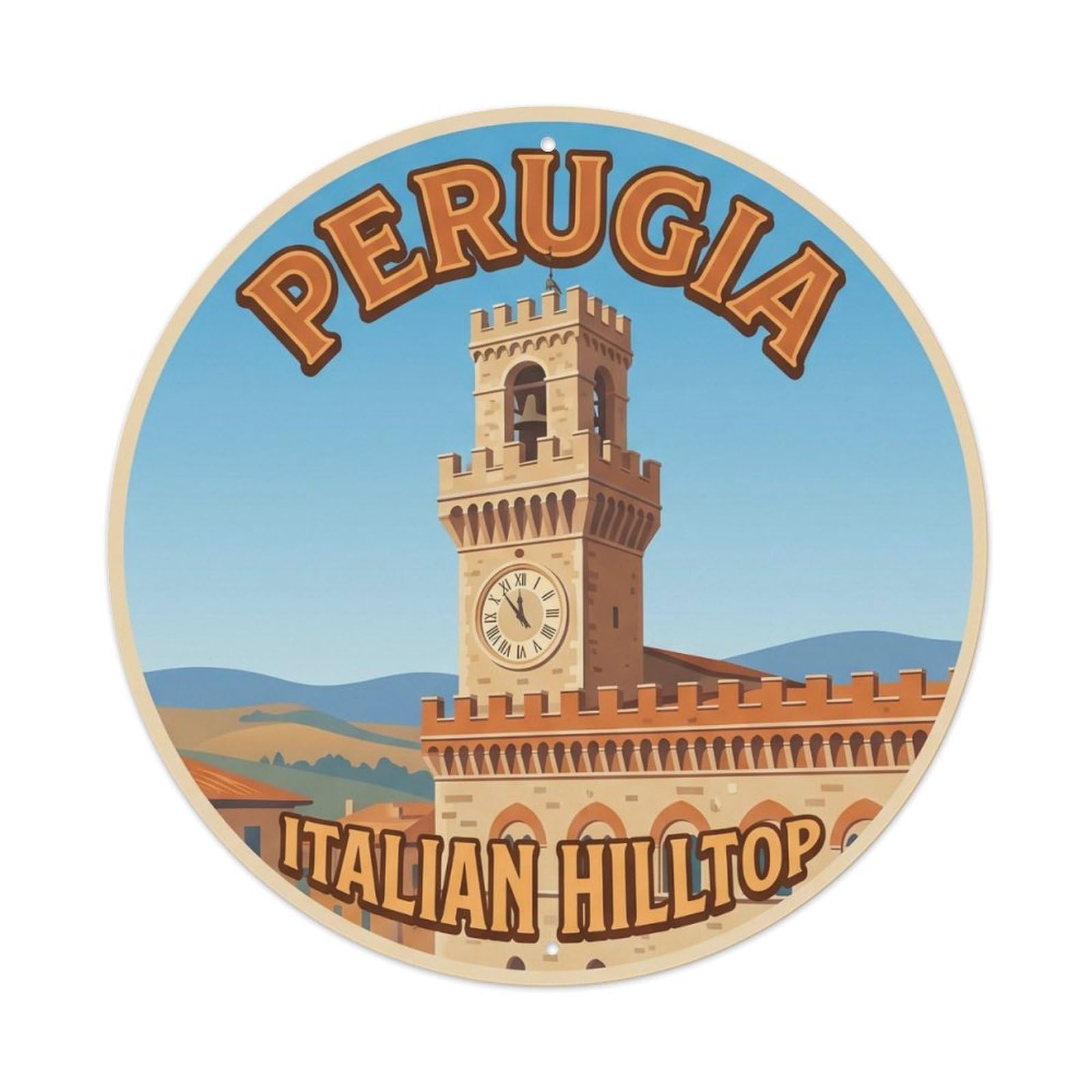 Italian European Tower Classic Europe Destination Heritage Metal Tin Sign Plaque Wall Decor for Cafe, Man Cave, Club Bar, Office, Home Garden Round Metal Poster 8x8Inch