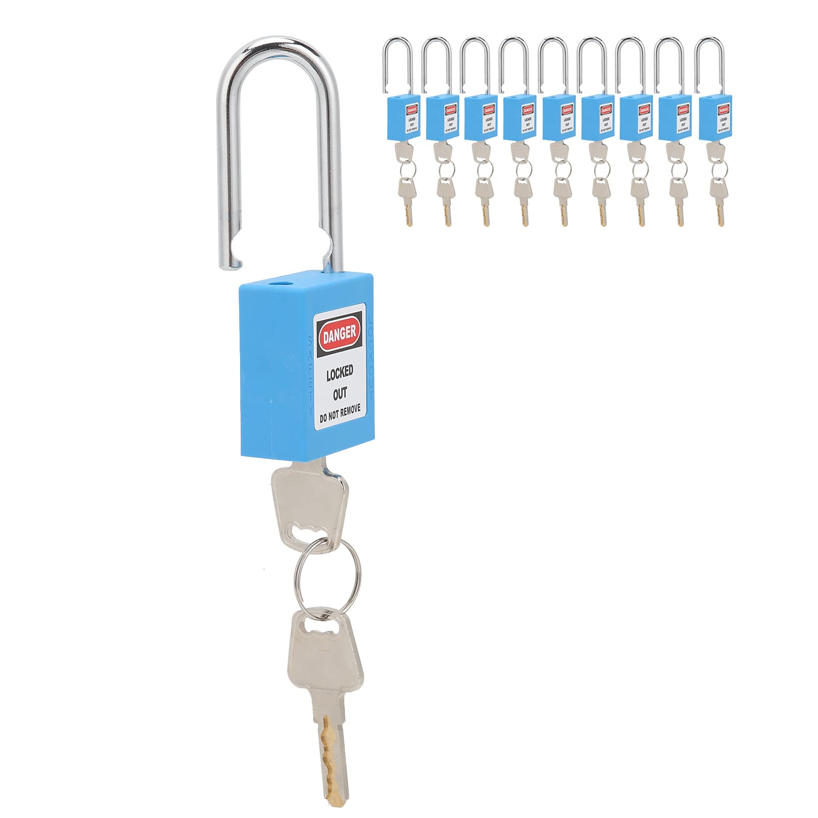 Cerraduras de bloqueo y etiquetado 10 juegos Candados de seguridad Cerradura anticorrosión aislada con viga de acero para la industria de fabricación de máquinas(blue)