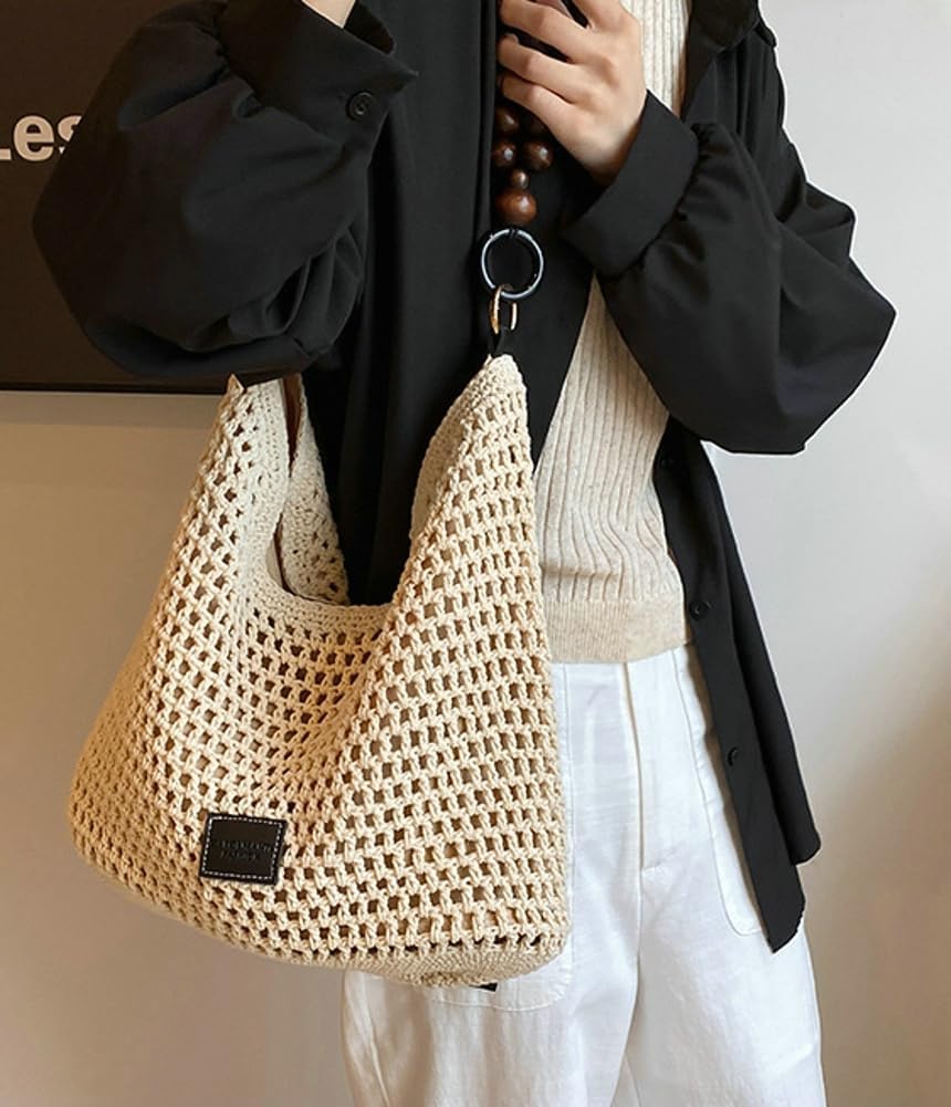 Bohemia Woven Straw Bag for Women Macrame Shoulder Tote Bags Crossbody Purses Summer Beach Top-Handle Bag for Travel Shopping