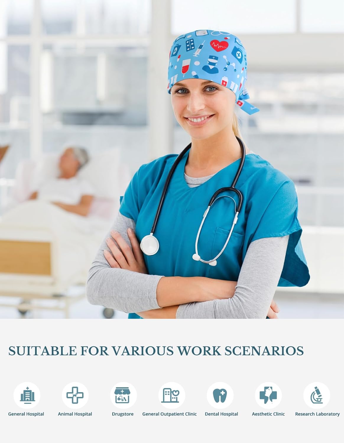 Scrub Caps Women, Double-Sided Printed Adjustable Women's Surgical Cap with Buttons, Breathable Design for Nurses and Doctors - Image 7