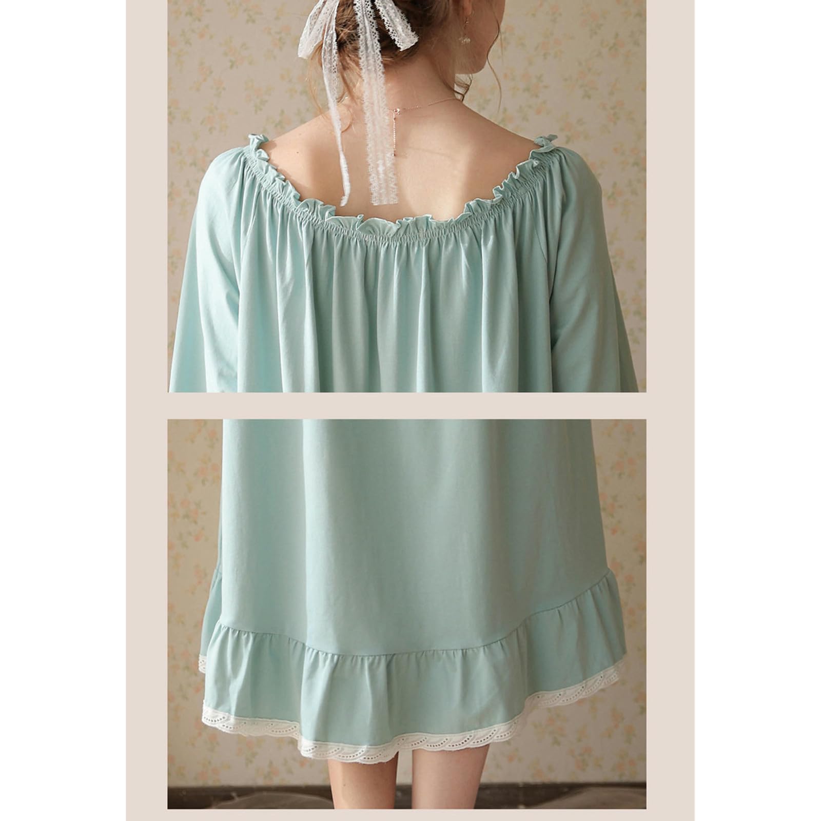 Camicia Notte Donna French Primavera E Autunno Long Cotton Pigia da Donna Maniche Lunghe da Donna Sottili Abiti da Casa di Grandi Dimensioni-Blu di Pavone-XL