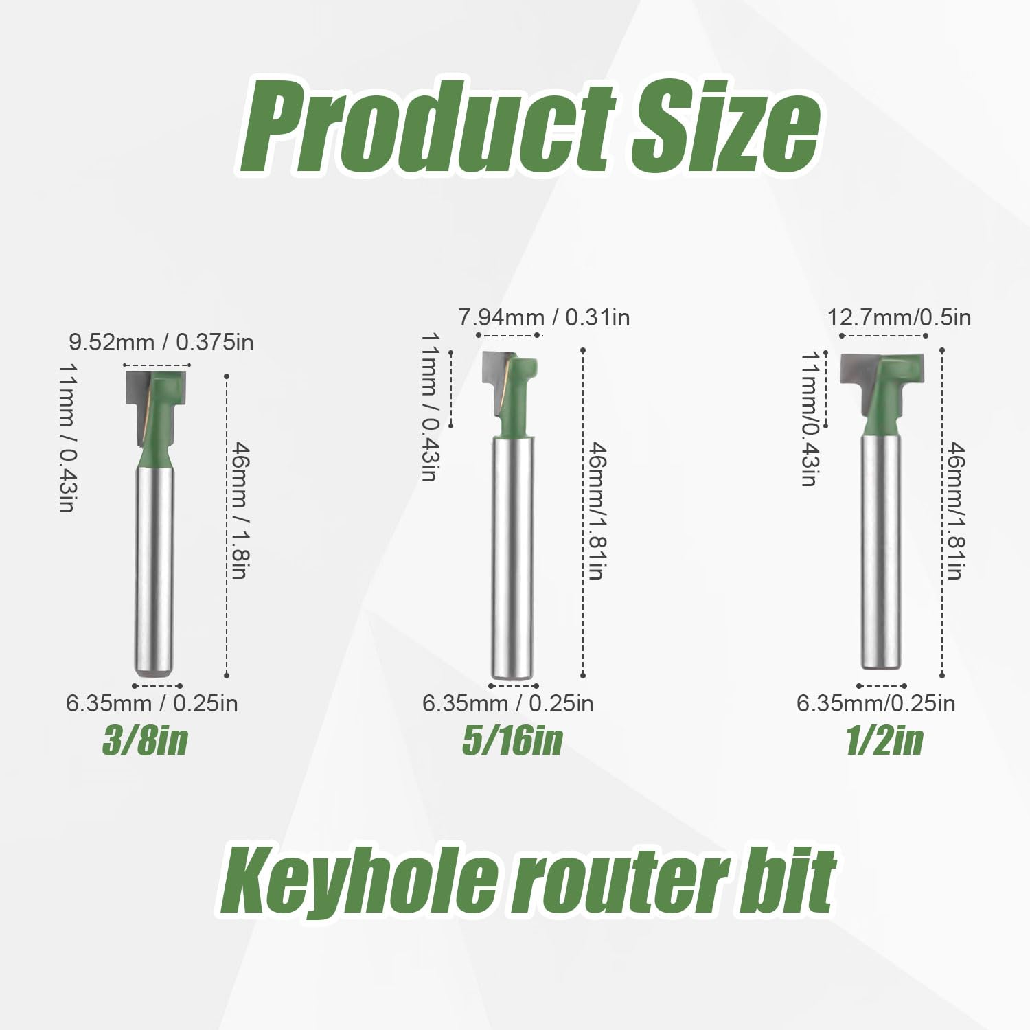 3pcs Keyhole Router Bits Set, 1/4 Inch Shank T Slot Cutter Set Router Bits, Blade Diameter 5/16", 3/8", and 1/2" - Image 2