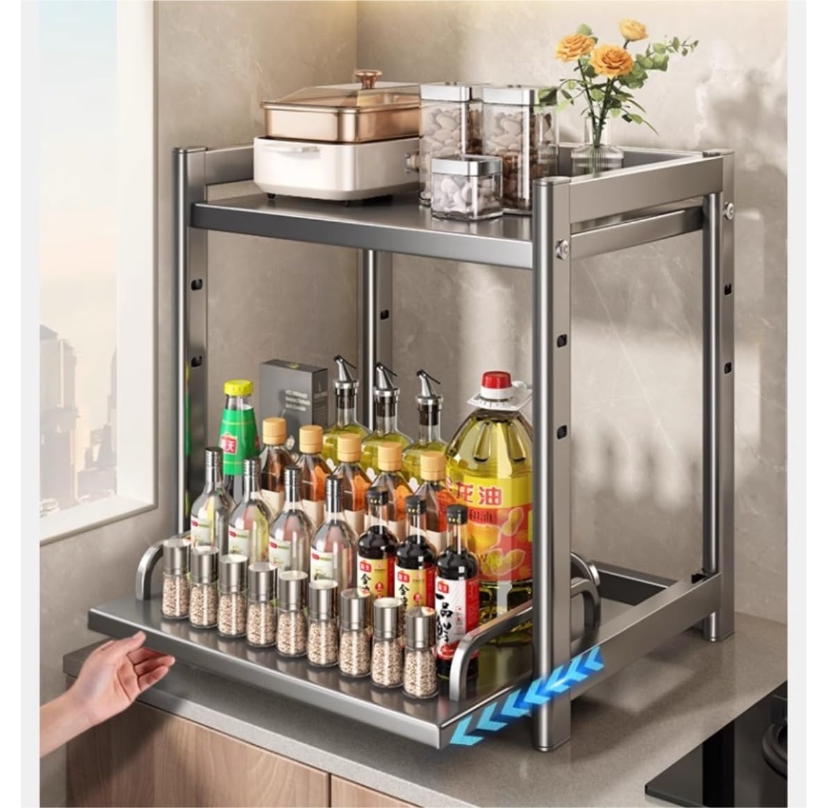 Especiero Estantería de Especias Portaespecias Estante Extraíble Para Especias, Tarro De Especias Para Condimento De Acero Al Carbono De 2 Niveles, Estante De Almacenamiento, Mostrador, Organizador De