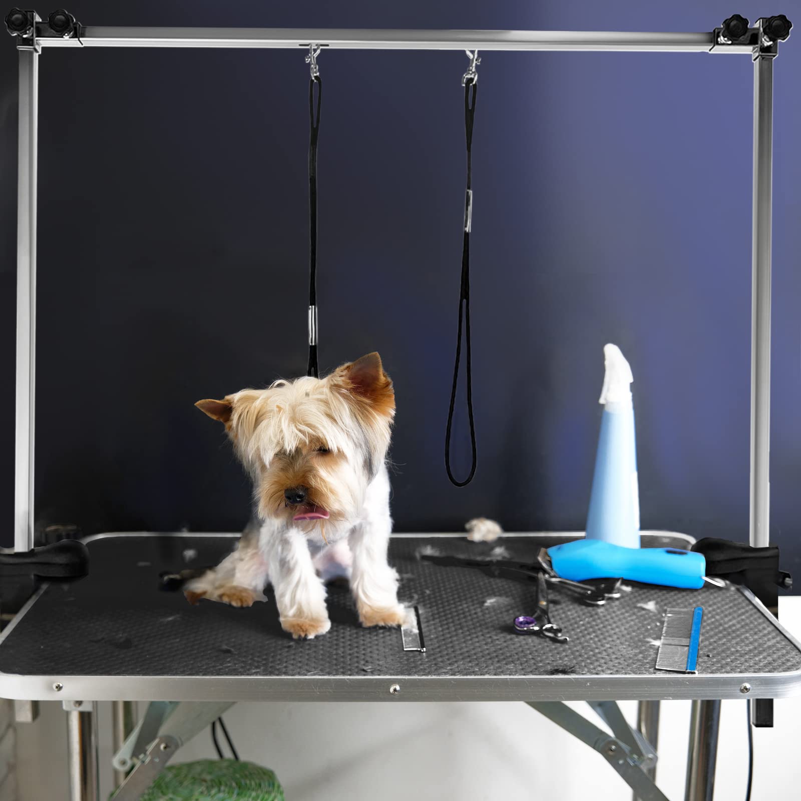 Aufun Trimmtisch für Hunde Schertisch, 113x60x76 cm Stabil Hundepflegetisch mit höhenverstellbarem Galgen und 2 Schlingen, Klappbar, Hunde Badetisch, Pudel Fellpflege, bis 100 KG