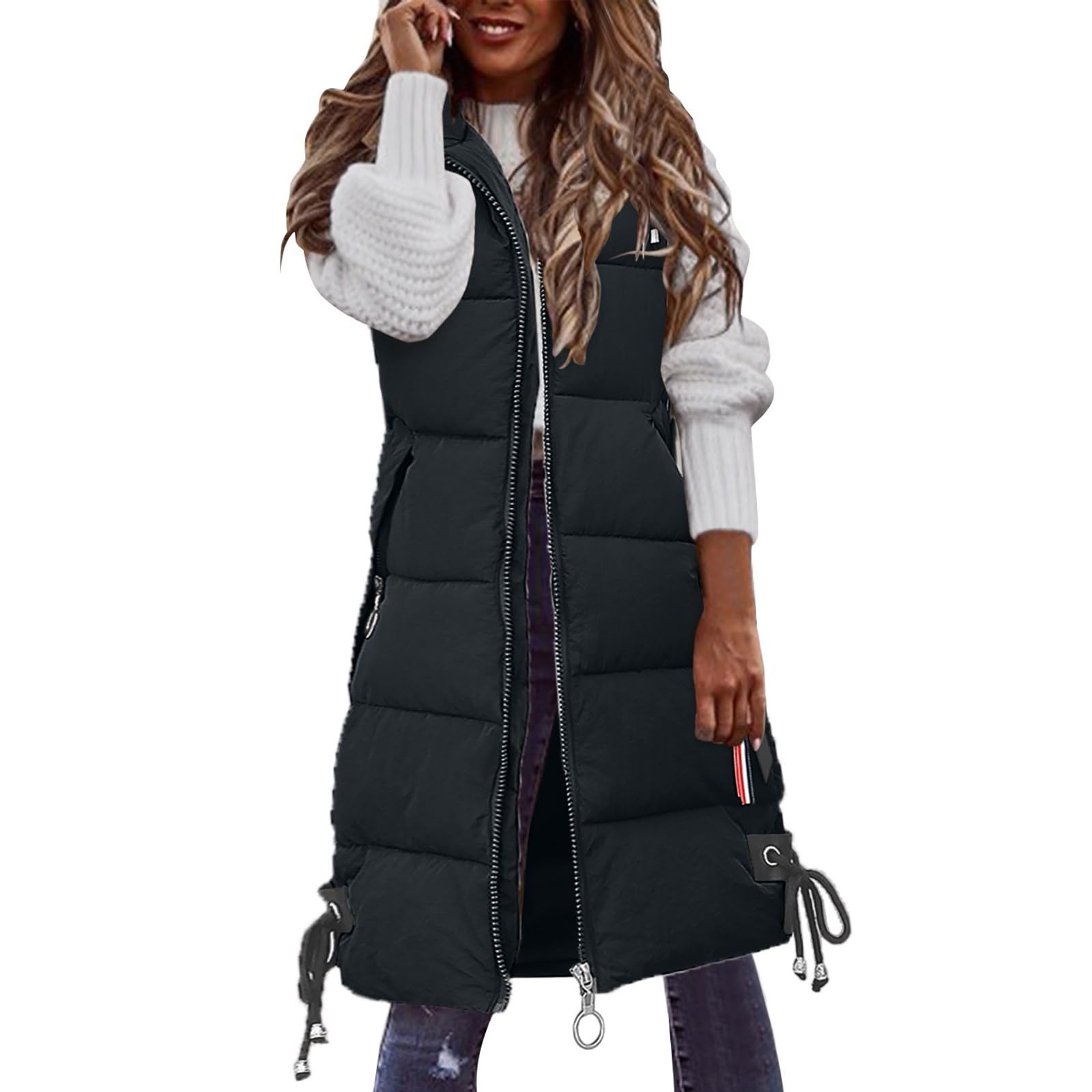 Donna Piumino Lungo Caldo Tasche Gilet Gilet Senza Maniche Cappuccio