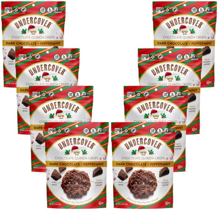 Undercover Chocolate Quinoa Crisps - Dark Chocolate + Peppermint Quinoa Crisps | 8-Pack, 2oz Bags | Gluten Free, Nut-Free, Allergen Friendly, Kosher, Plant-Based