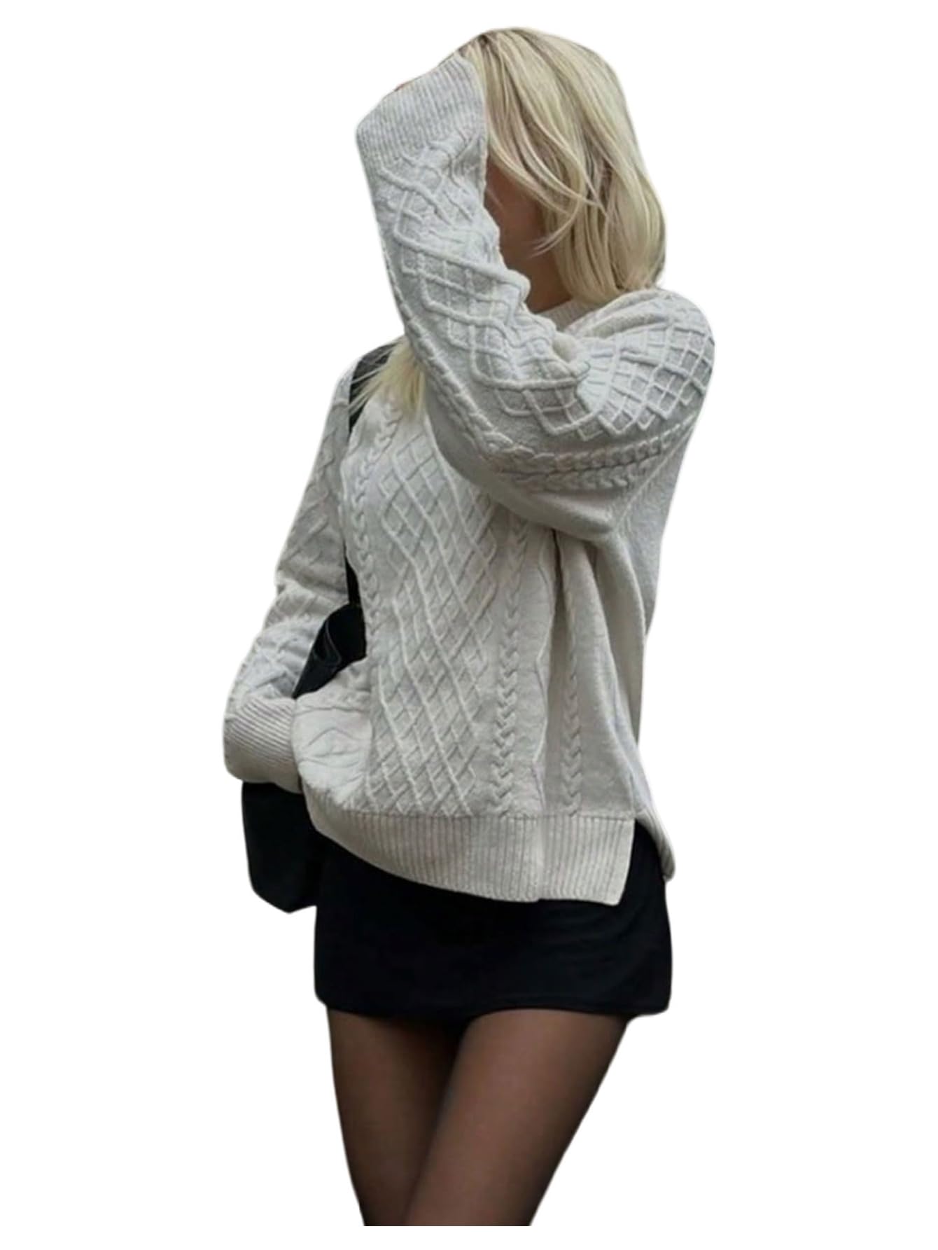 Womens Cable Knit Sweater Crew Neck Long Sleeve Loose Pullover Jumpers