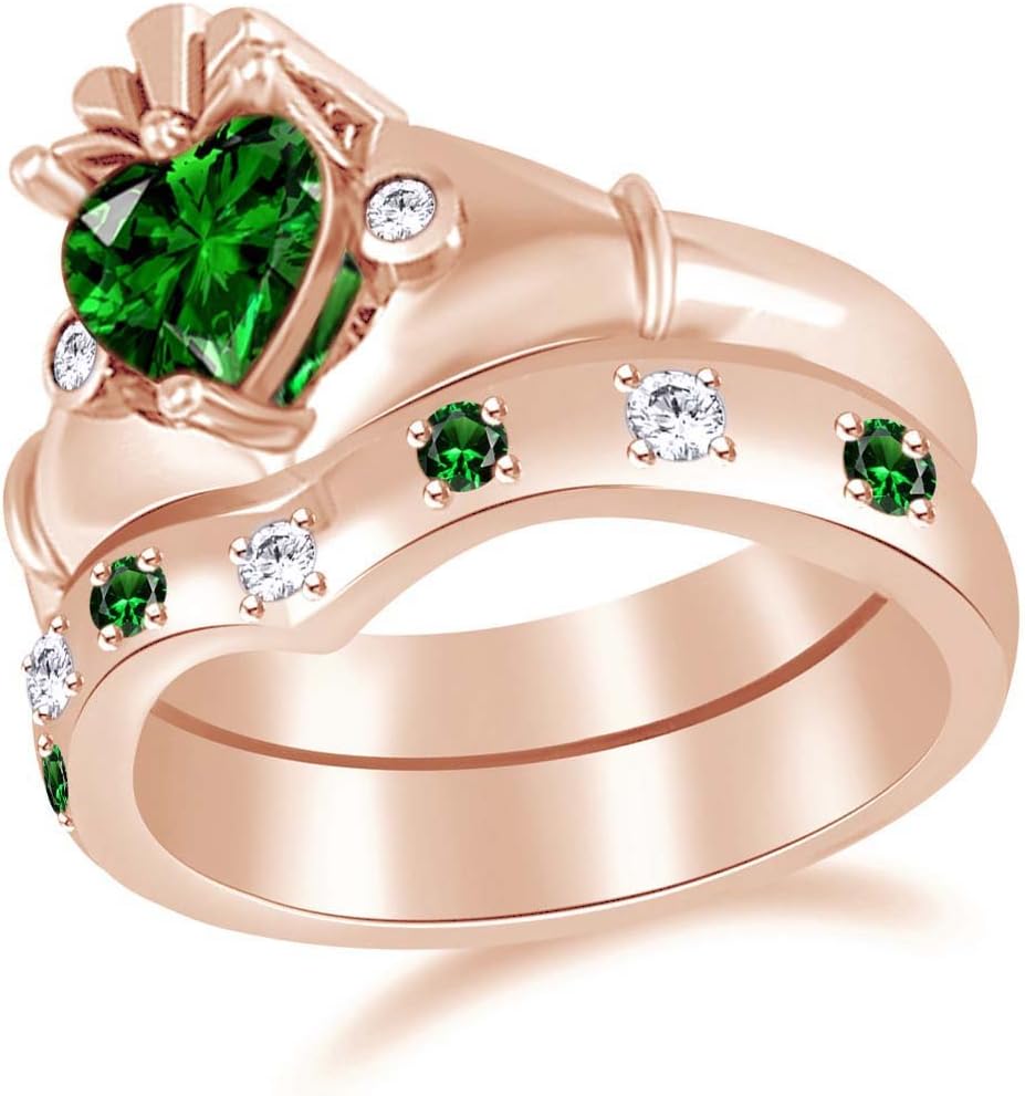 AFFY Heart Cut Simulated Emerald & White Cubic Zirconia Claddagh Wedding Ring Set in925 Sterling Silver